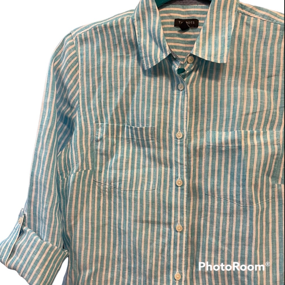 Talbots 100% Linen Striped Button Down Roll Tab S… - image 4